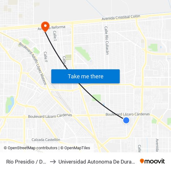 Río Presidio / Del Congreso to Universidad Autonoma De Durango Campus Mexicali map
