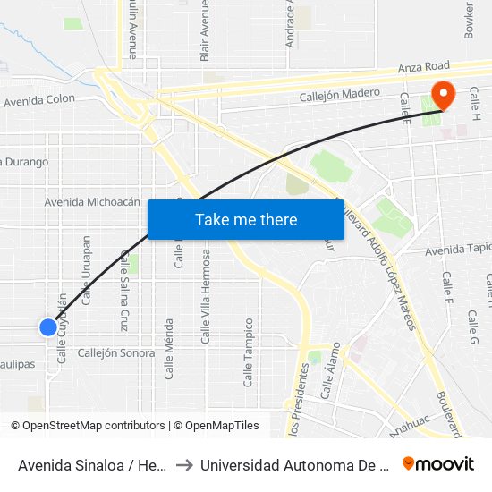 Avenida Sinaloa / Heróico Colegio Militar to Universidad Autonoma De Durango Campus Mexicali map