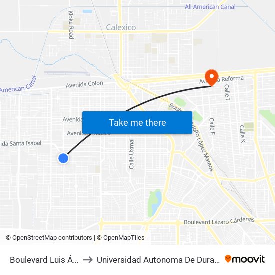 Boulevard Luis Álvarez / India to Universidad Autonoma De Durango Campus Mexicali map
