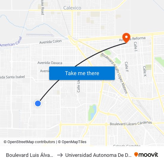 Boulevard Luis Álvarez / Avenida Kenia to Universidad Autonoma De Durango Campus Mexicali map