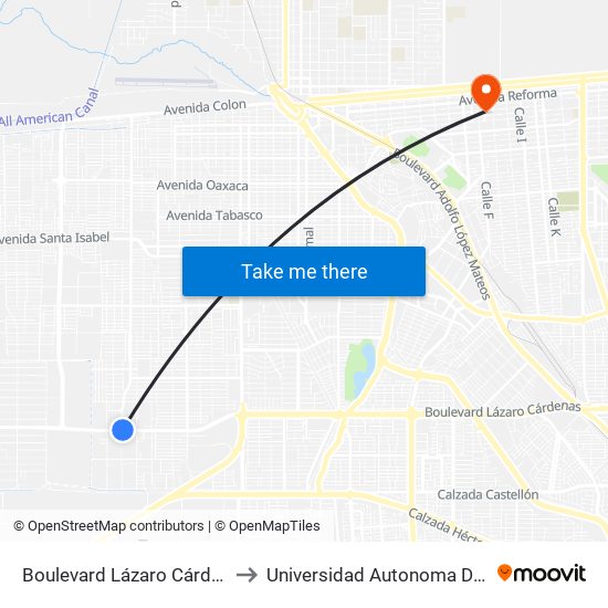 Boulevard Lázaro Cárdenas / Avenida Yugoslavia to Universidad Autonoma De Durango Campus Mexicali map