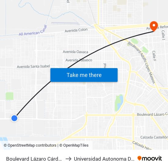 Boulevard Lázaro Cárdenas / Paseo Viñas Del Sol to Universidad Autonoma De Durango Campus Mexicali map