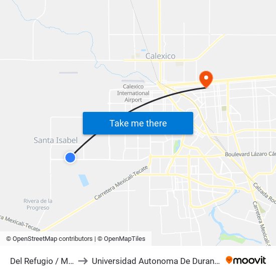 Del Refugio / Monte Xanic to Universidad Autonoma De Durango Campus Mexicali map