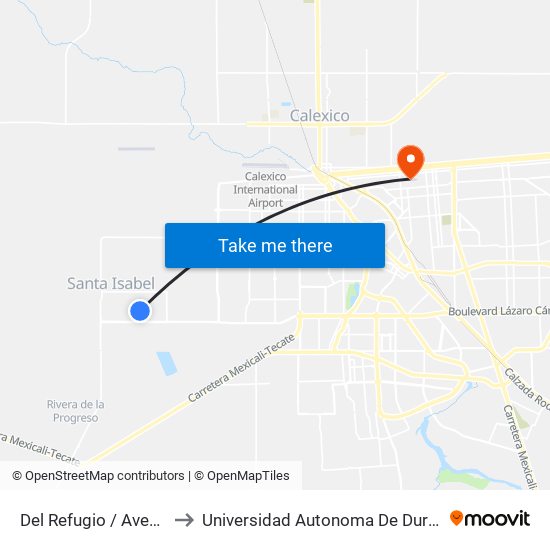 Del Refugio / Avenida San Pedro to Universidad Autonoma De Durango Campus Mexicali map