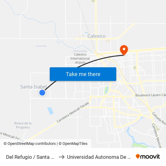 Del Refugio / Santa María De Guadalupe to Universidad Autonoma De Durango Campus Mexicali map