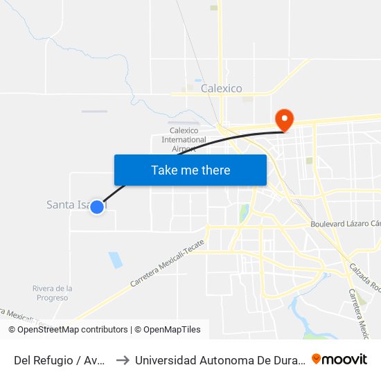 Del Refugio / Avenida Saturno to Universidad Autonoma De Durango Campus Mexicali map