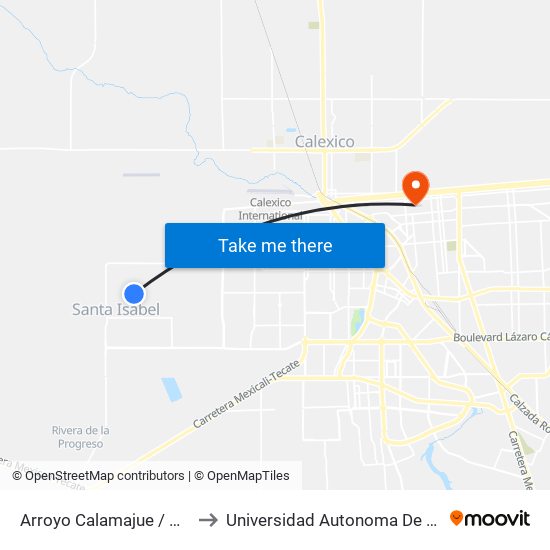 Arroyo Calamajue / Avenida El Portezuelo to Universidad Autonoma De Durango Campus Mexicali map