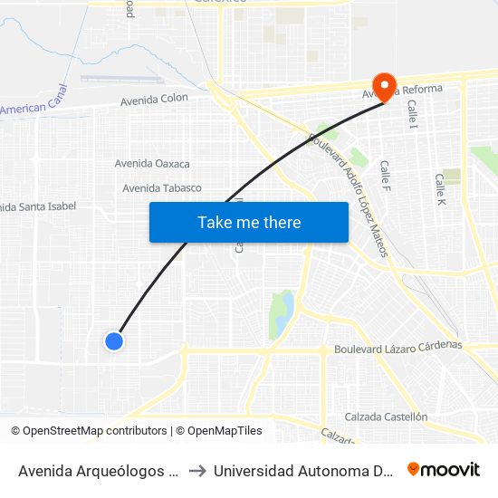 Avenida Arqueólogos / Boulevard Luis Álvarez to Universidad Autonoma De Durango Campus Mexicali map