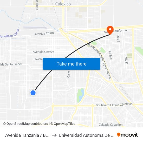 Avenida Tanzania / Boulevard Luis Álvarez to Universidad Autonoma De Durango Campus Mexicali map