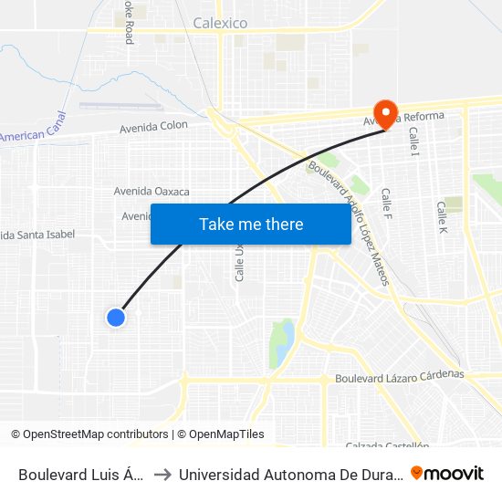 Boulevard Luis Álvarez / Kenia to Universidad Autonoma De Durango Campus Mexicali map