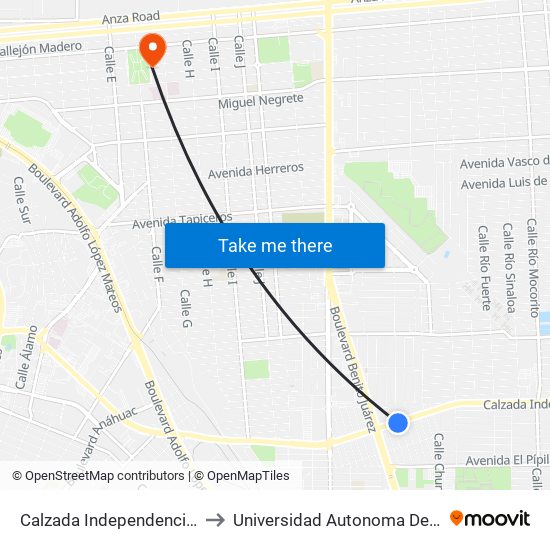 Calzada Independencia / María Fermín Rivera to Universidad Autonoma De Durango Campus Mexicali map