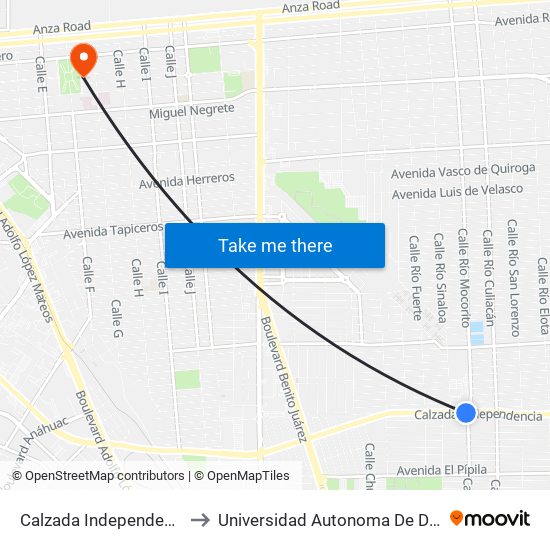 Calzada Independencia / Río Mocorito to Universidad Autonoma De Durango Campus Mexicali map