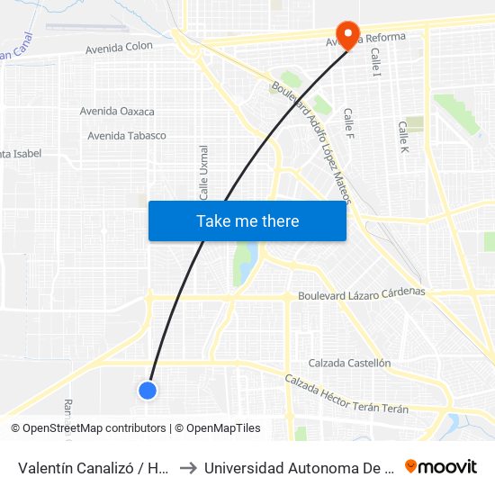 Valentín Canalizó / Heróico Colegio Militar to Universidad Autonoma De Durango Campus Mexicali map