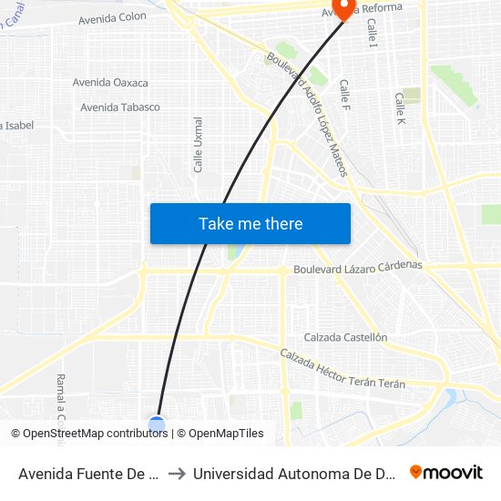 Avenida Fuente De Etiopía / Justicia to Universidad Autonoma De Durango Campus Mexicali map