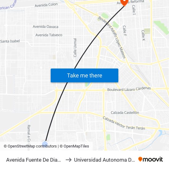 Avenida Fuente De Diana / Fuente De La Cascada to Universidad Autonoma De Durango Campus Mexicali map