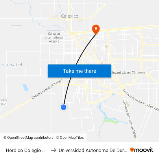 Heróico Colegio Militar / Raboso to Universidad Autonoma De Durango Campus Mexicali map