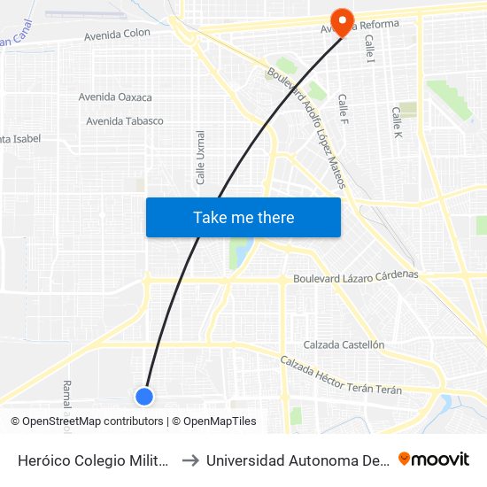 Heróico Colegio Militar / José Mariano Salas to Universidad Autonoma De Durango Campus Mexicali map