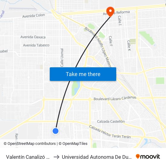Valentín Canalizó / Los Capitanes to Universidad Autonoma De Durango Campus Mexicali map
