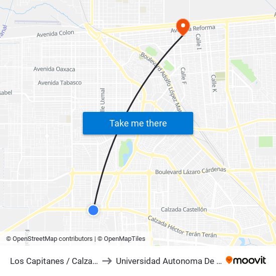 Los Capitanes / Calzada Héctor Terán Terán to Universidad Autonoma De Durango Campus Mexicali map