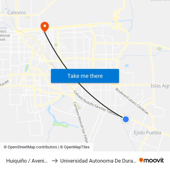 Huiquiño / Avenida Acamayas to Universidad Autonoma De Durango Campus Mexicali map