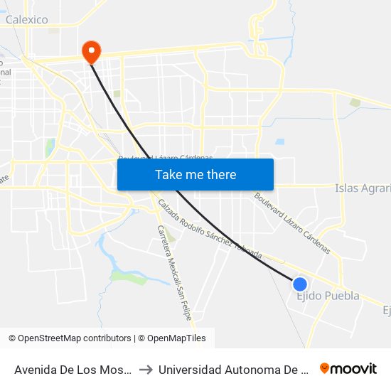 Avenida De Los Mosaicos / Tlaxcaltecas to Universidad Autonoma De Durango Campus Mexicali map