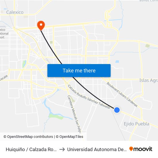 Huiquiño / Calzada Rodolfo Sánchez Taboada to Universidad Autonoma De Durango Campus Mexicali map