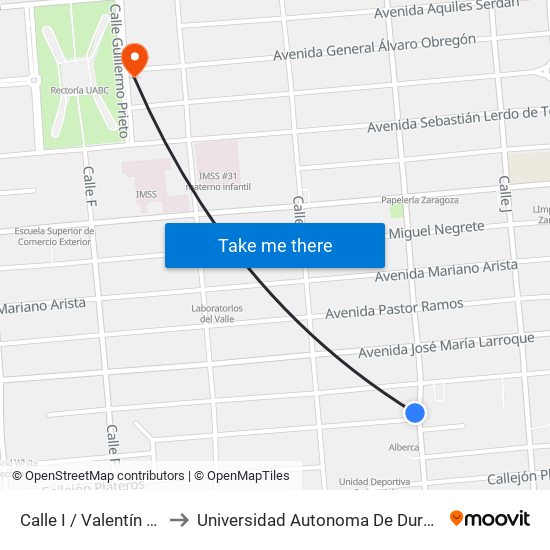 Calle I / Valentín Gómez Farías to Universidad Autonoma De Durango Campus Mexicali map