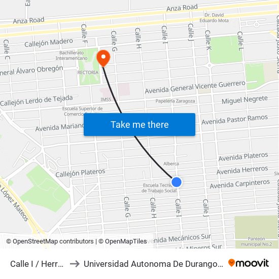 Calle I / Herreros Sur to Universidad Autonoma De Durango Campus Mexicali map