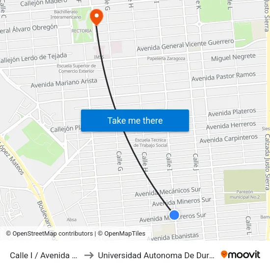 Calle I / Avenida Madereros Sur to Universidad Autonoma De Durango Campus Mexicali map