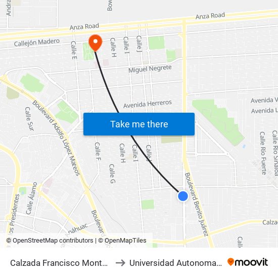 Calzada Francisco Montejano / Avenida Francisco Mujica to Universidad Autonoma De Durango Campus Mexicali map