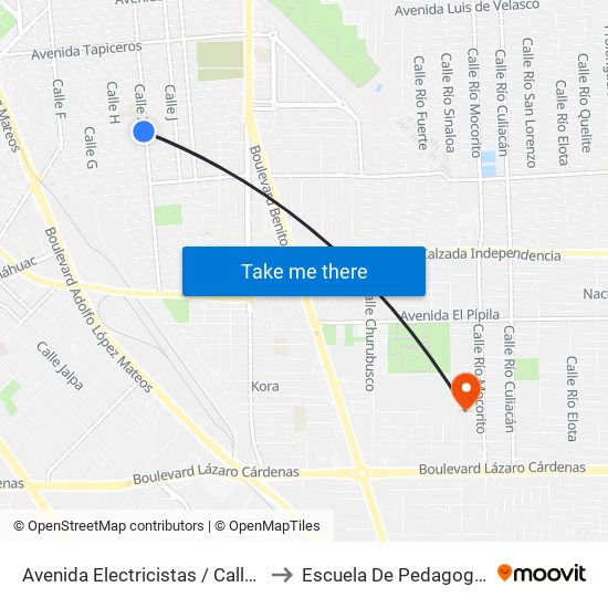Avenida Electricistas / Calle I to Escuela De Pedagogia map