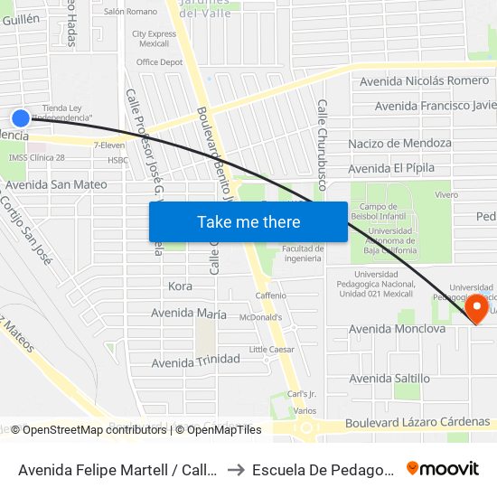 Avenida Felipe Martell / Calle J to Escuela De Pedagogia map