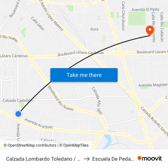 Calzada Lombardo Toledano / Aranjuez to Escuela De Pedagogia map