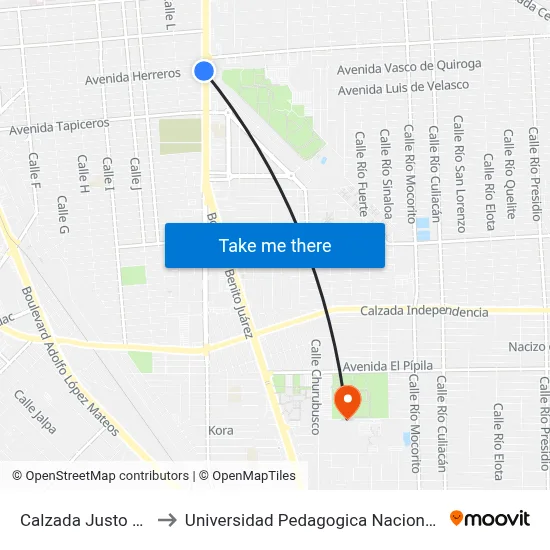 Calzada Justo Sierra, 950_1 to Universidad Pedagogica Nacional, Unidad 021 Mexicali map