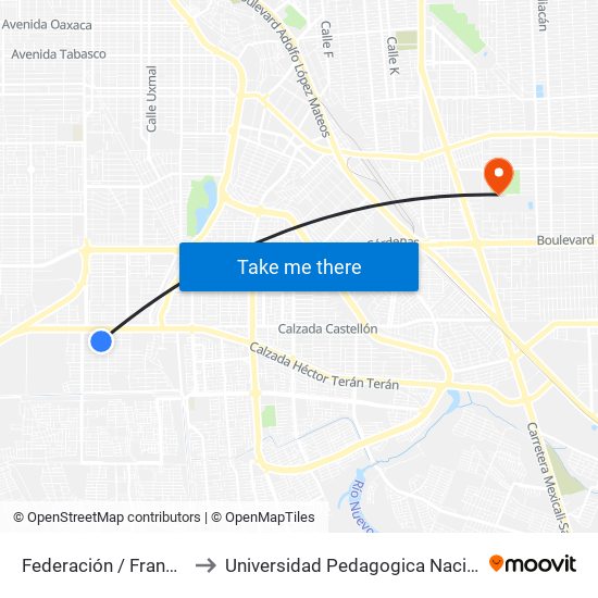 Federación / Francisco Moctezuma to Universidad Pedagogica Nacional, Unidad 021 Mexicali map