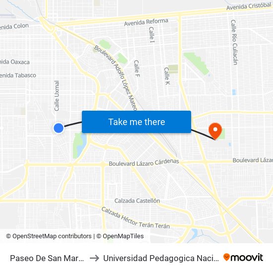 Paseo De San Marcos / De La Lluvia to Universidad Pedagogica Nacional, Unidad 021 Mexicali map