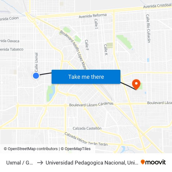 Uxmal / Guasave to Universidad Pedagogica Nacional, Unidad 021 Mexicali map