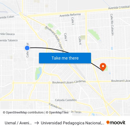 Uxmal / Avenida Sinaloa to Universidad Pedagogica Nacional, Unidad 021 Mexicali map