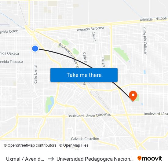 Uxmal / Avenida Michoacán to Universidad Pedagogica Nacional, Unidad 021 Mexicali map