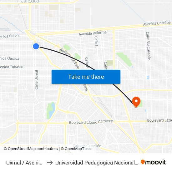 Uxmal / Avenida Durango to Universidad Pedagogica Nacional, Unidad 021 Mexicali map