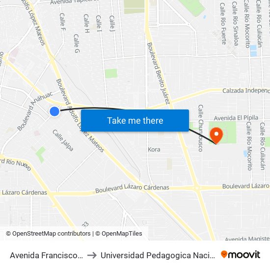 Avenida Francisco Sarabia / Calera to Universidad Pedagogica Nacional, Unidad 021 Mexicali map