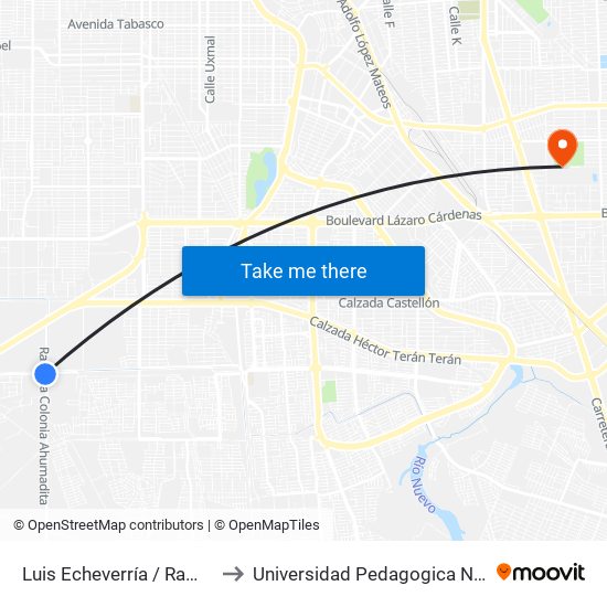 Luis Echeverría / Ramal A Colonia Ahumadita to Universidad Pedagogica Nacional, Unidad 021 Mexicali map