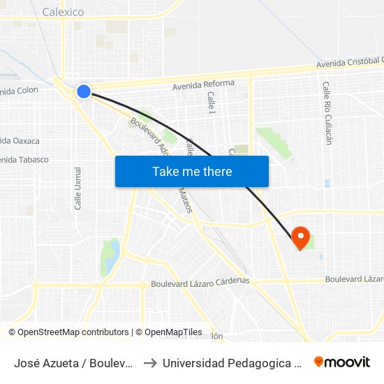 José Azueta / Boulevard Adolfo López Mateos to Universidad Pedagogica Nacional, Unidad 021 Mexicali map
