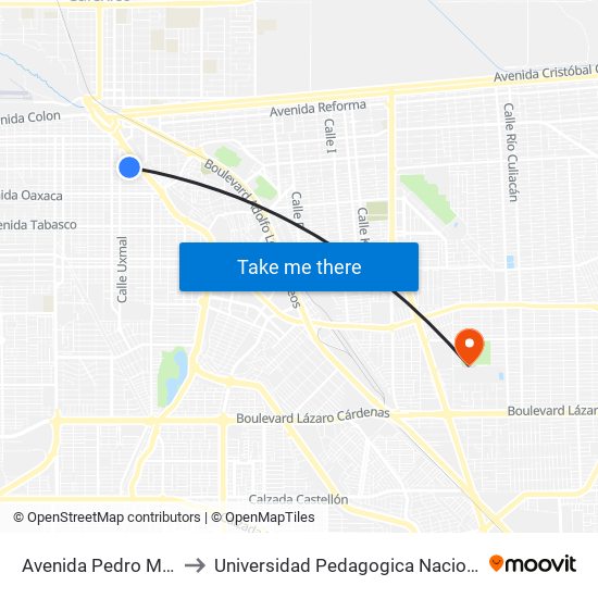 Avenida Pedro Moreno / Mérida to Universidad Pedagogica Nacional, Unidad 021 Mexicali map