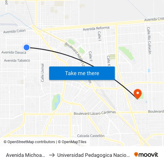 Avenida Michoacán / Cuyutlán to Universidad Pedagogica Nacional, Unidad 021 Mexicali map