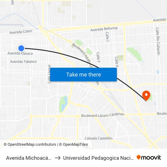 Avenida Michoacán / Mar De Cortez to Universidad Pedagogica Nacional, Unidad 021 Mexicali map