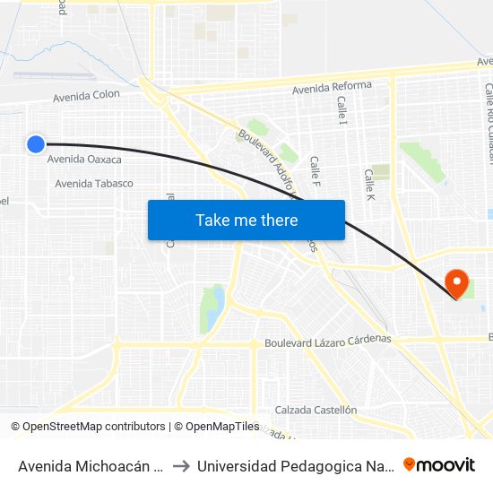 Avenida Michoacán / Bahía De San Jorge to Universidad Pedagogica Nacional, Unidad 021 Mexicali map