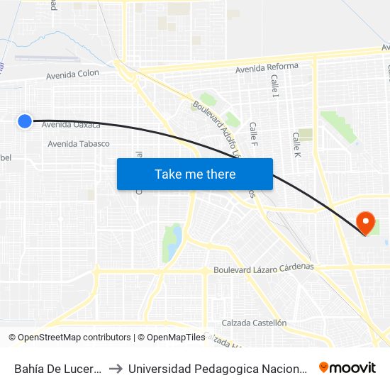 Bahía De Lucerna / Oaxaca to Universidad Pedagogica Nacional, Unidad 021 Mexicali map