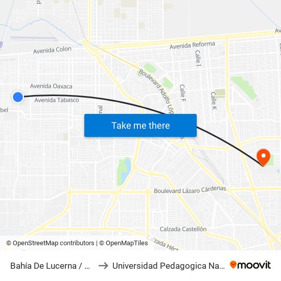 Bahía De Lucerna / Avenida Santo Tomás to Universidad Pedagogica Nacional, Unidad 021 Mexicali map