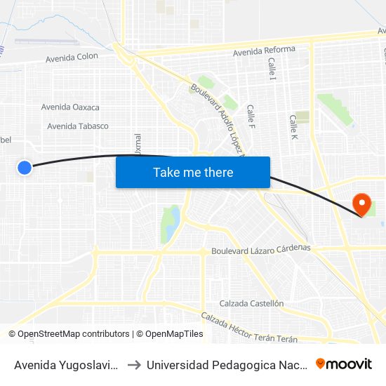 Avenida Yugoslavia / Avenida Congo to Universidad Pedagogica Nacional, Unidad 021 Mexicali map